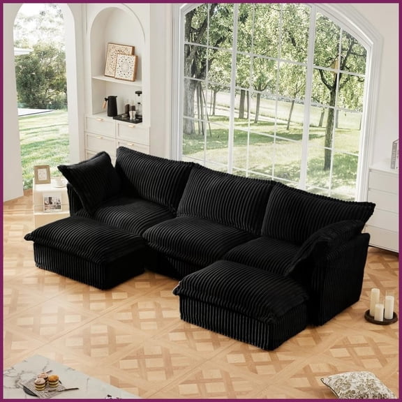 Modern Corduroy 3-Seater U-Shape Sectional Sofa Deep Seat with French Edges & Removable Covers for Living Room