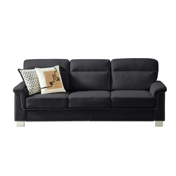 Modern 3 Seater Velvet Sofa Couch With Nailhead Trim and Rolled Arms For Living Room Office Apartment