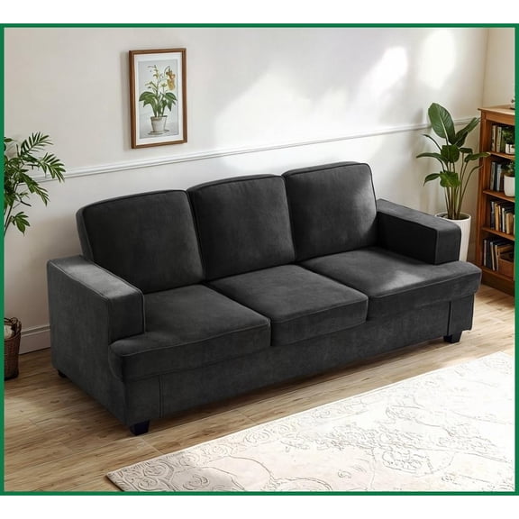 Modern Black Velvet 3-Seater Sofa - Deep Seating, Wide Arms & Loose Cushions for Living Room, Apartment, Office