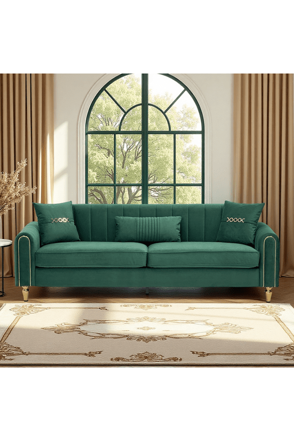 Modern 3-Seaters Velvet Sofa, Upholstered Couch With Pillows and Gold Metal Legs For Living Room Office Apartment