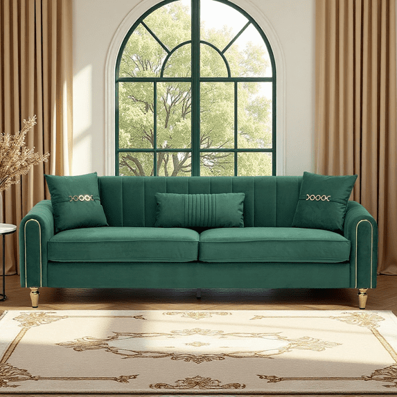 Modern 3-Seaters Velvet Sofa, Upholstered Couch With Pillows and Gold Metal Legs For Living Room Office Apartment