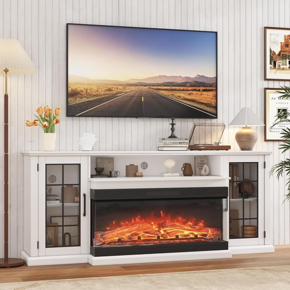 Modern 3-Sided Glass Electric Fireplace TV Stand for TVs up to 85", 40" Heater, 12 Flame Colors, Closed Storage Cabinets & Open Shelf, Media Console Entertainment Center for Living Room