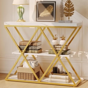 Modern 3-Tier Console Table, Faux Marble Entryway Table with Storage, Luxury Gold Metal Sofa Table, Accent Table with Open Shelves, X-Shaped Hallway Table for Entryway, Living Room, White and Gold