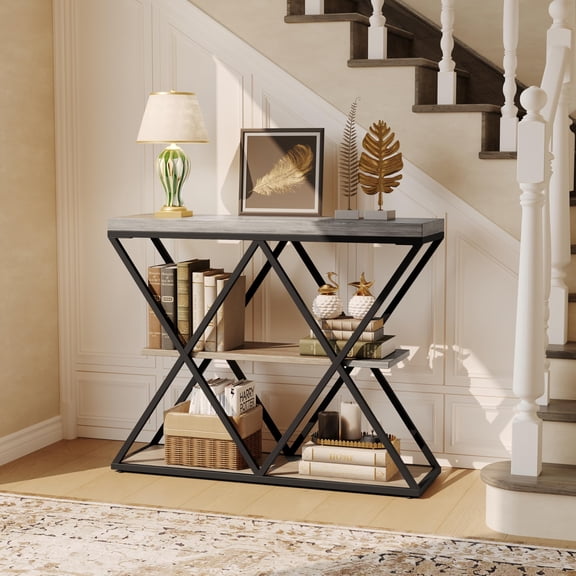 Modern 3-Tier Console Table, Faux Marble Entryway Table with Storage, Luxury Gray Metal Sofa Table, Accent Table with Open Shelves, X-Shaped Hallway Table for Entryway, Living Room, Gray