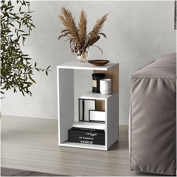 Modern 3-Tier End Table with Storage, Multi-Functional Small Space Accent Table for Living Room, Bedroom, Sofa Side, Black White Oak Finish