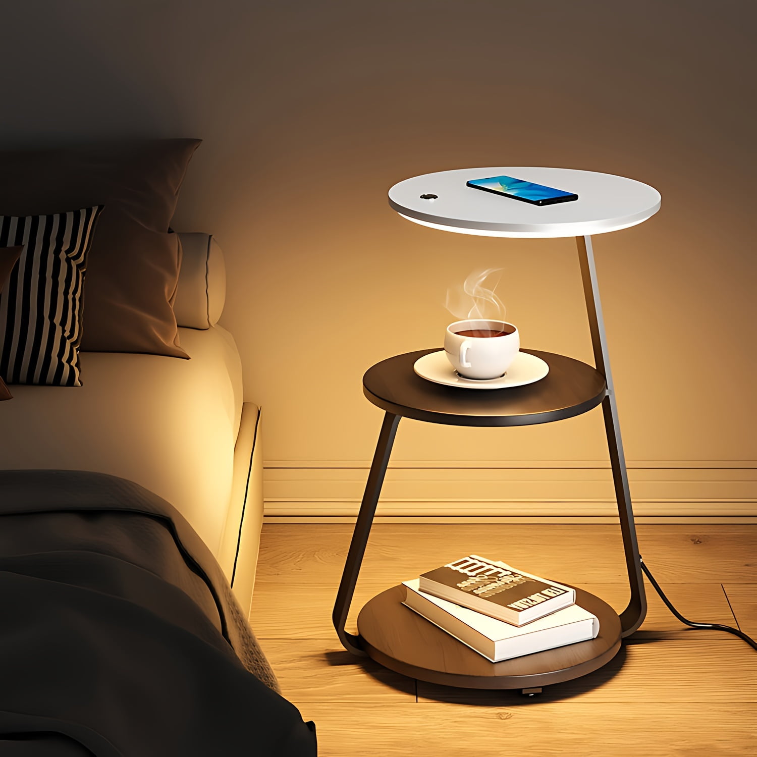 Modern 3-Tier LED Side Table with USB Port – Wooden Round End Table for ...