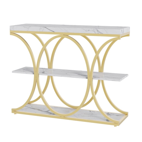 Modern 3-Tier Narrow Console Table for Entryway, Living Room, or Hallway – Storage Shelves, Geometric Metal Legs, Faux Marble Top – Gold Tube & Marble White