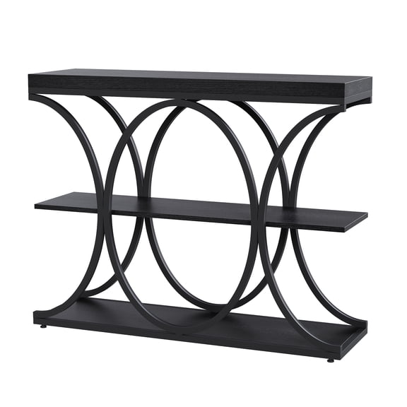 Modern 3-Tier Narrow Console Table for Living Room or Entryway – Geometric Metal Legs, Storage Shelves, Slim Space-Saving Accent, Easy Assembly – Black Wood Grain
