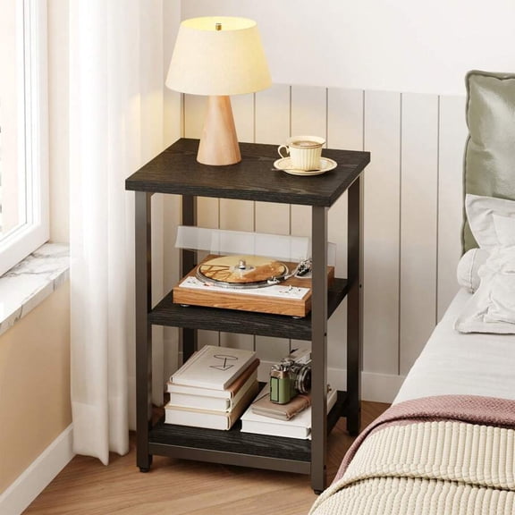 Modern 3-Tier Nightstand, Black Wood Grain Finish, Slim Bedside Table for Bedroom Storage, Space-Saving Design, Storage Table Special for Bedroom Bedside