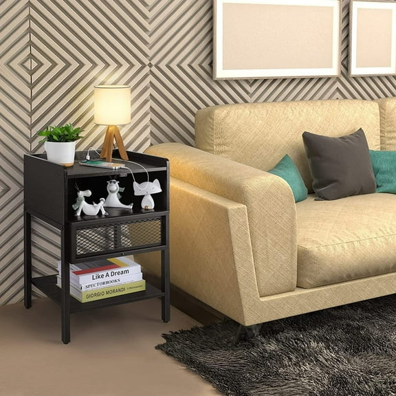 Modern 3 Tier Nightstand w/Charging Station End Table Narrow Side Table w/Drawer