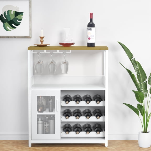 Modern 3-Tier Wine Bar Cabinet – Detachable Wine Rack, Glass Holder, Mesh Door, Ample Storage – Sideboard Buffet for Kitchen, Dining Room, Living Room – White