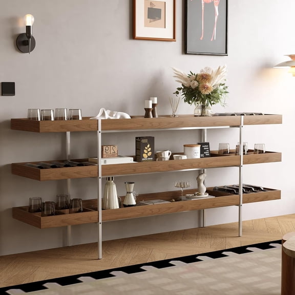 Modern 3-Tier Wood Storage Shelf with Stainless Steel Frame and Interchangeable Dividers, Industrial Book Shelf and Display Rack, Easy Assembly for Living Room, Kitchen, or Office