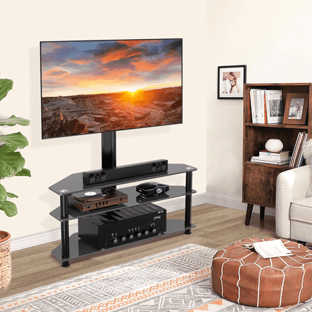 RTVR Modern 3-in-1 Flat Panel TV Stand for TVs up to 75 inch, Black Glass Shelves Table with Swivel Mount