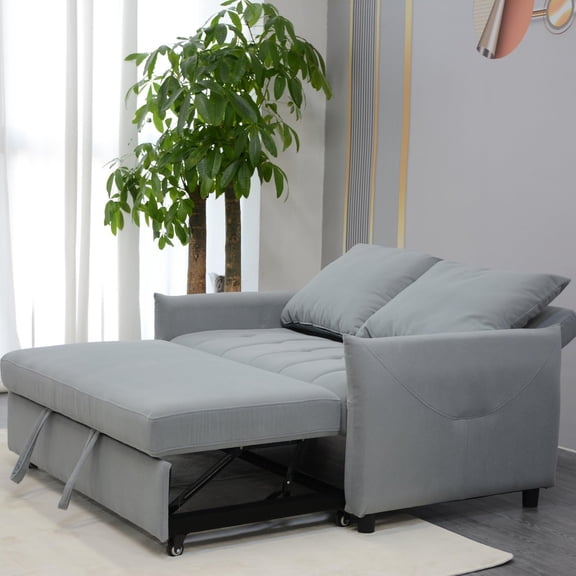 Modern 3 in 1 Light Blue Velvet Sleeper Sofa Couch Bed with Storage Pockets, Convertible Loveseat Futon for Living Room