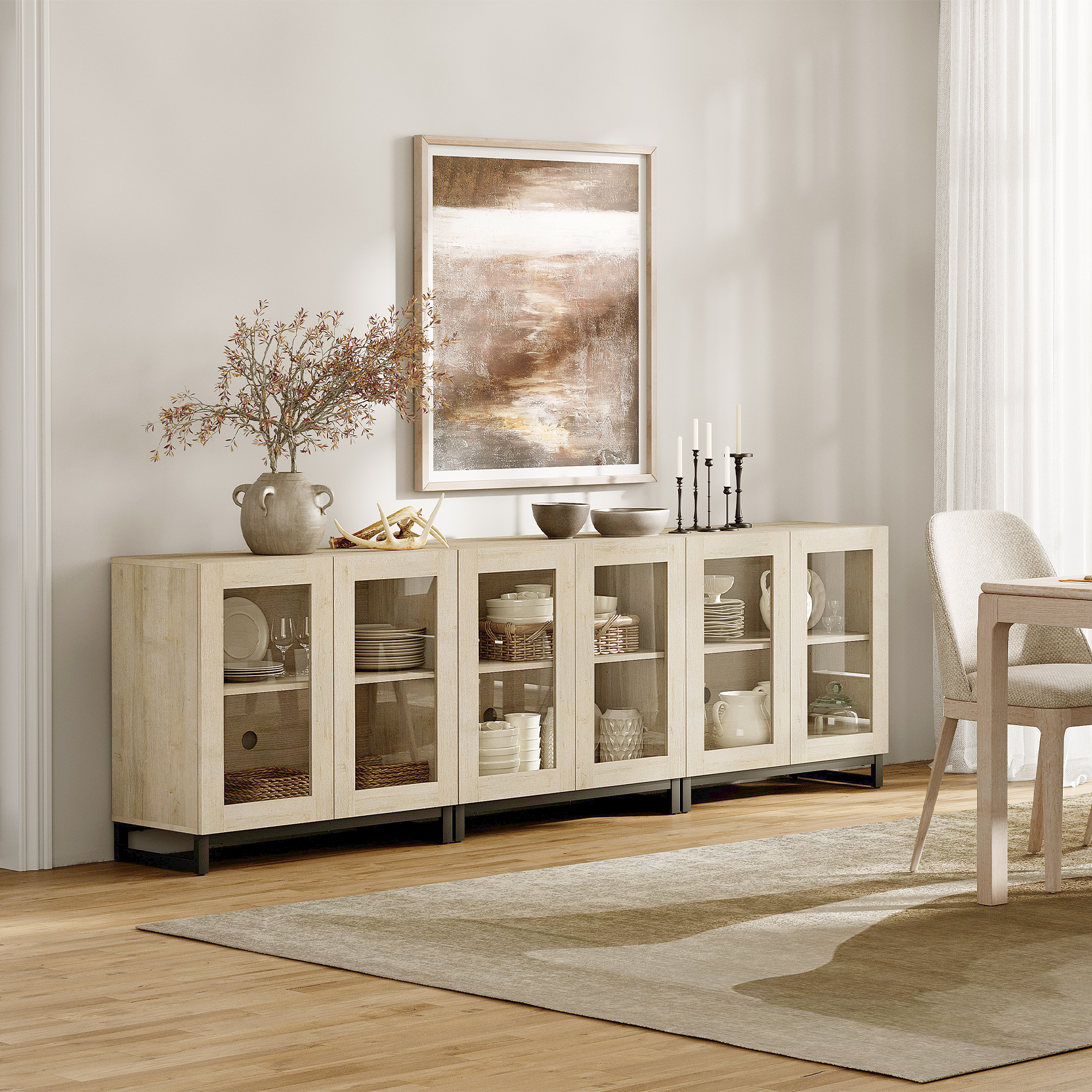 Modern 3-in-1 Multifunctional Sideboard Buffet Cabinet with 6 Glass Doors and Adjustable Shelf Coffee Bar Storage Cabinet for Living Room Kitchen,Beige
