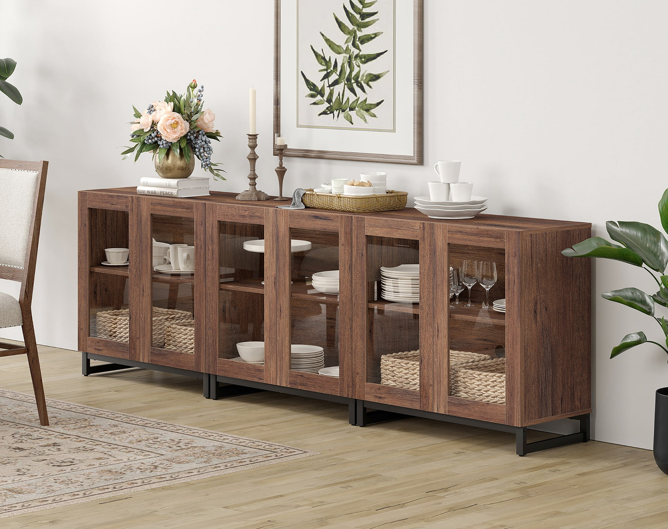 Modern 3-in-1 Multifunctional Sideboard Buffet Cabinet with 6 Glass Doors and Adjustable Shelf Coffee Bar Storage Cabinet for Living Room Kitchen,Brown