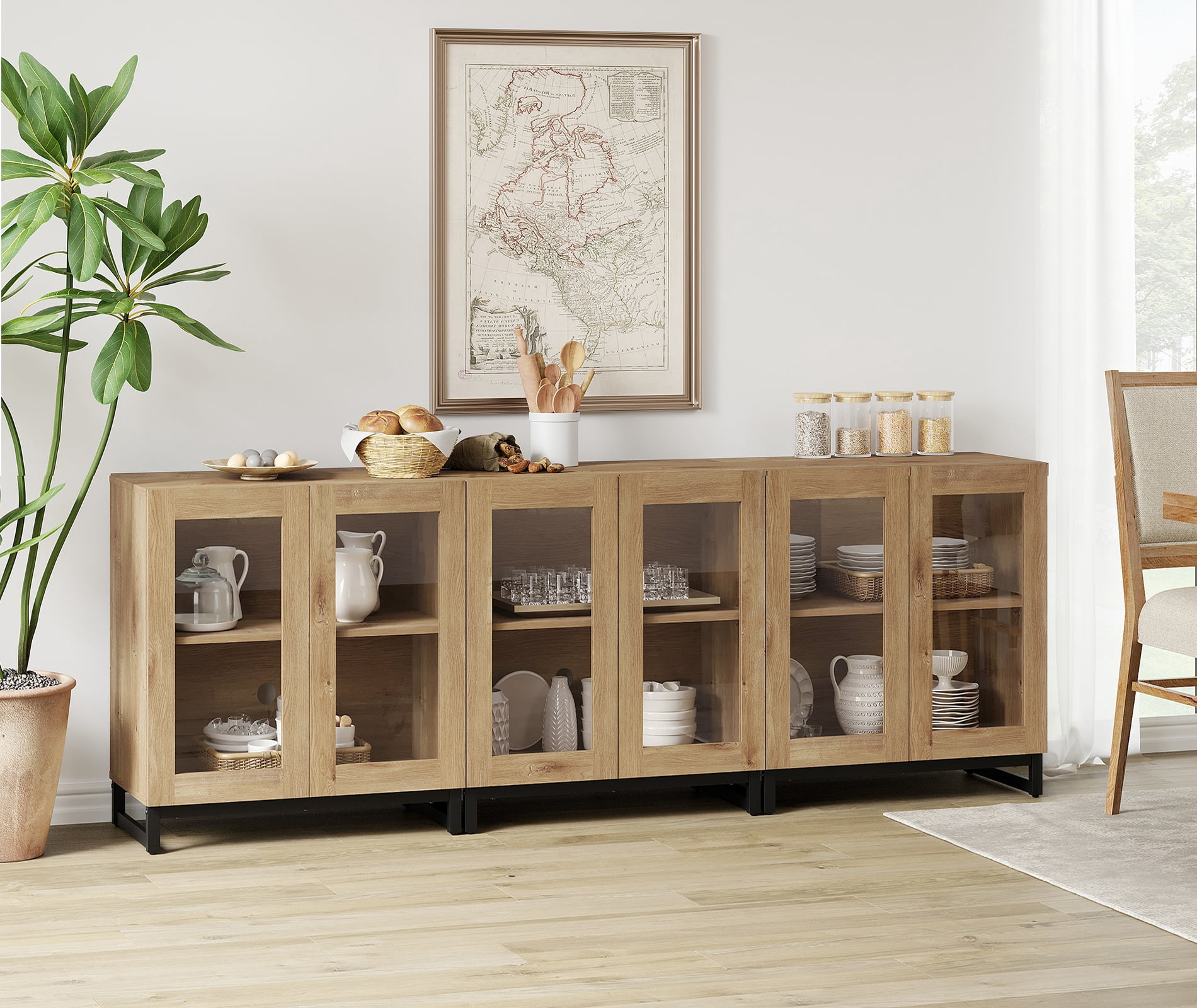 Modern 3-in-1 Multifunctional Sideboard Buffet Cabinet with 6 Glass Doors and Adjustable Shelf Coffee Bar Storage Cabinet for Living Room Kitchen,Oak