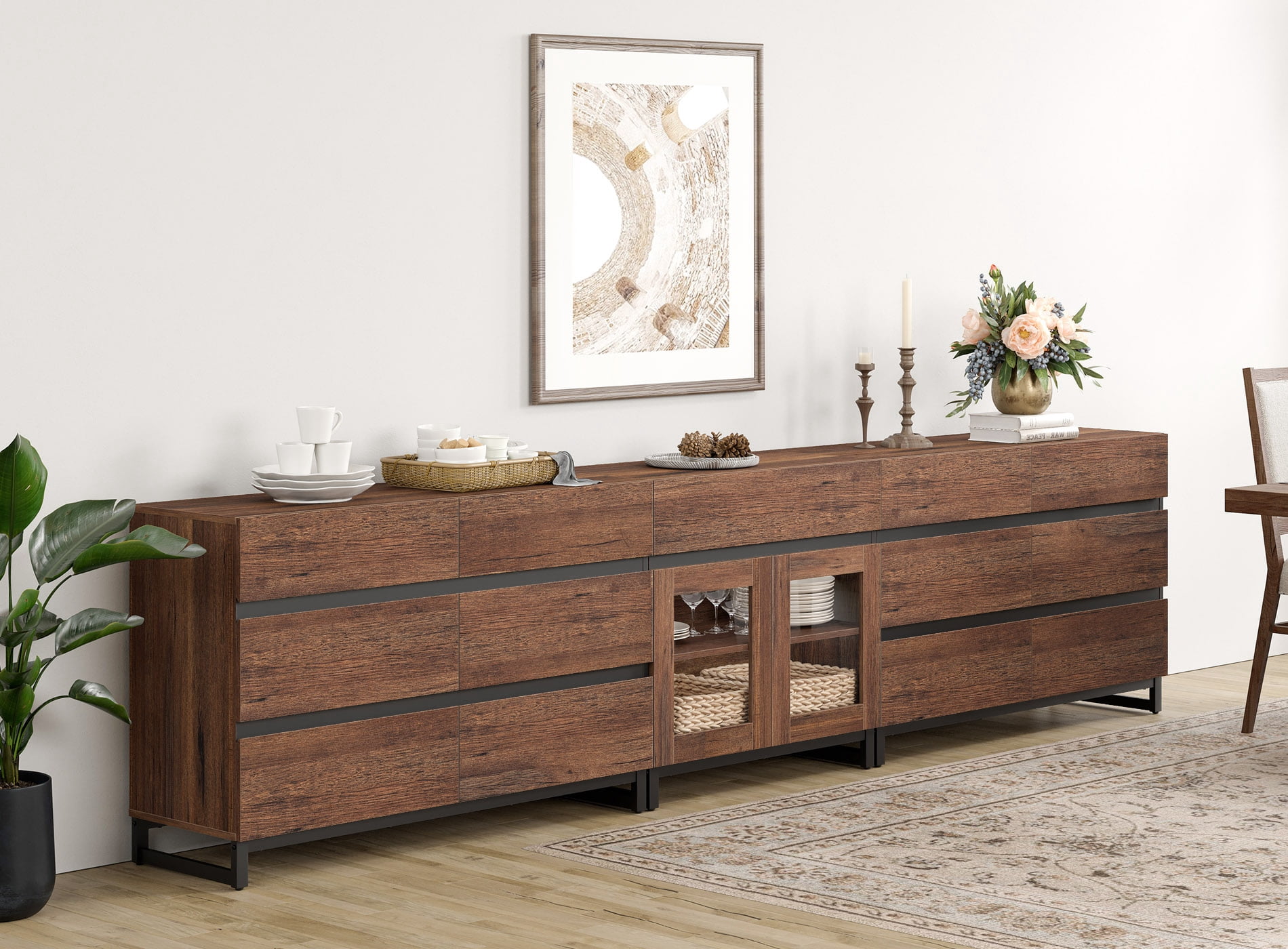 Modern 3-in-1 Sideboard Cabinet, Storage Credenza with 13 Drawers, Adjustable Shelf and Transparent Glass Doors, Sturdy Metal Base Coffee Bar Cabinet for Home Decor,Brown