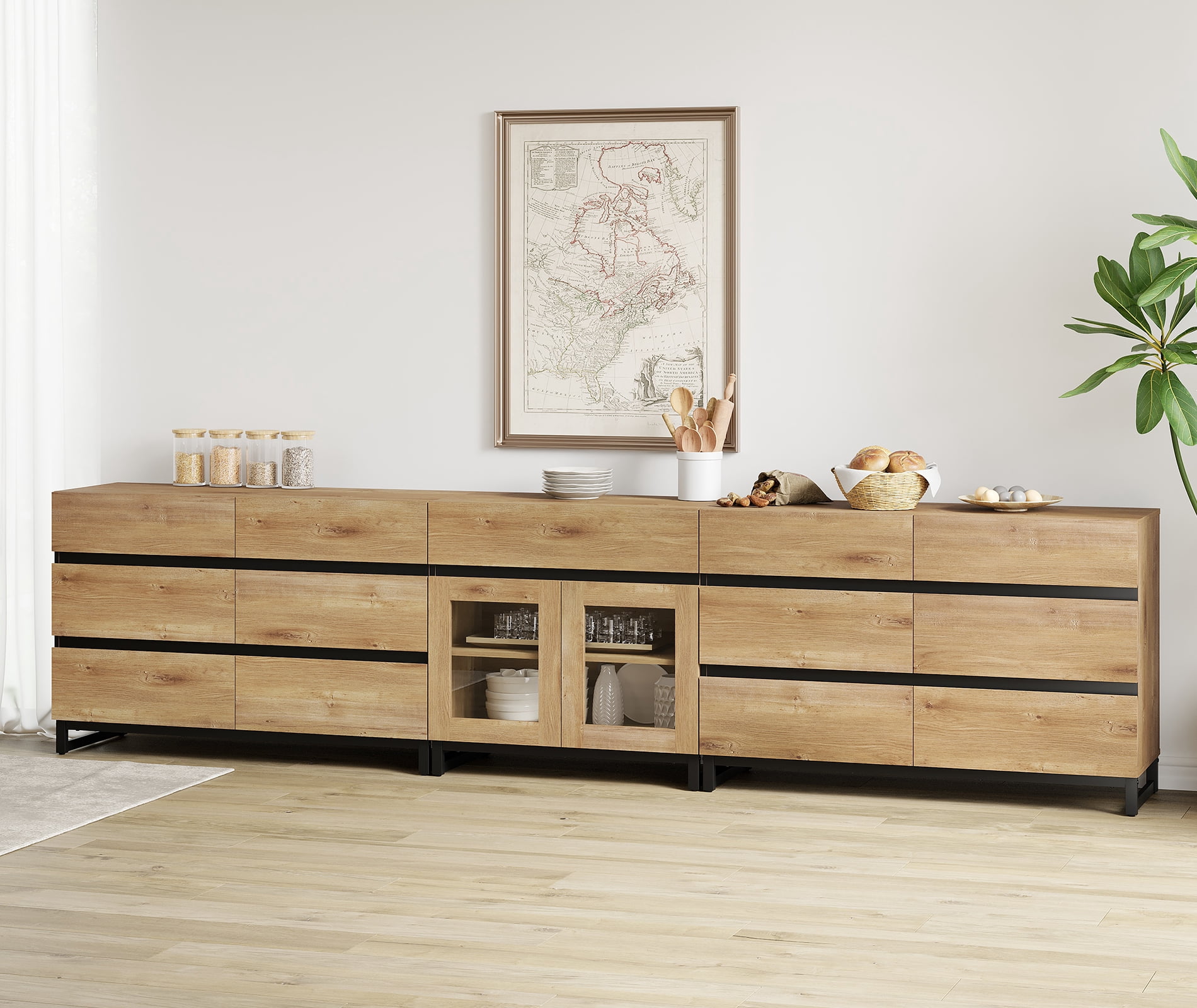 Modern 3-in-1 Sideboard Cabinet, Storage Credenza with 13 Drawers, Adjustable Shelf and Transparent Glass Doors, Sturdy Metal Base Coffee Bar Cabinet for Home Decor,Oak