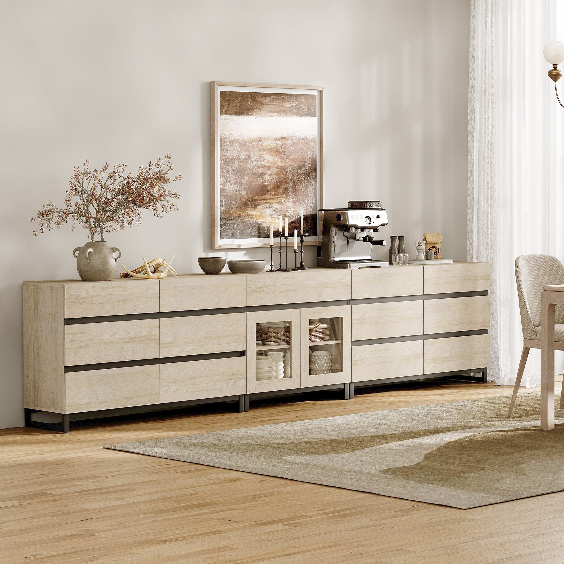 Modern 3-in-1 Sideboard Cabinet, Storage Credenza with 13 Drawers, Adjustable Shelf and Transparent Glass Doors, Sturdy Metal Base Coffee Bar Cabinet for Home Decor,Beige