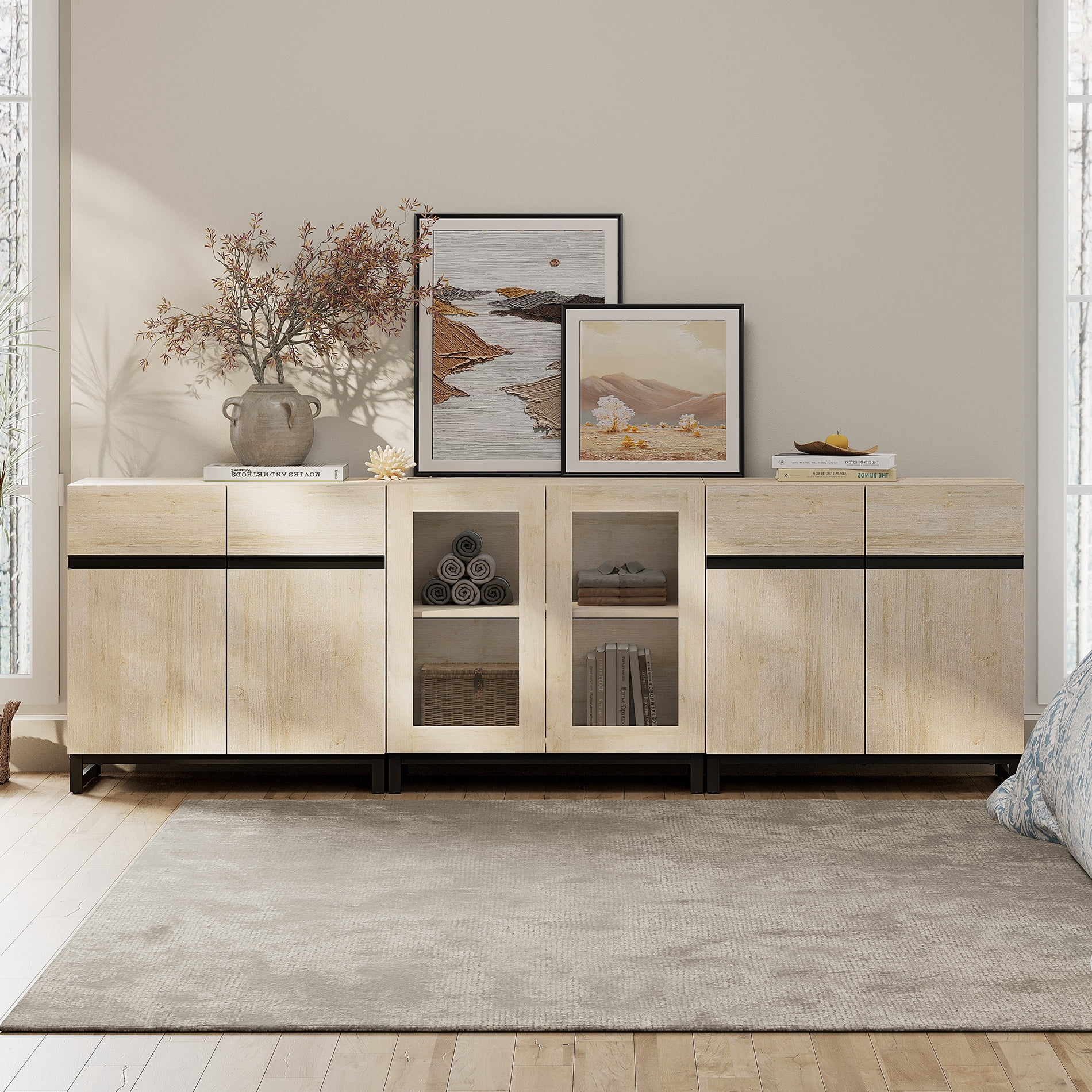 Modern 3-in-1 Storage Chest, Multifunctional Bedroom Dresser with Glass Doors & Adjustable Shelves, Versatile Home Closet Organizer Cabinet,Beige