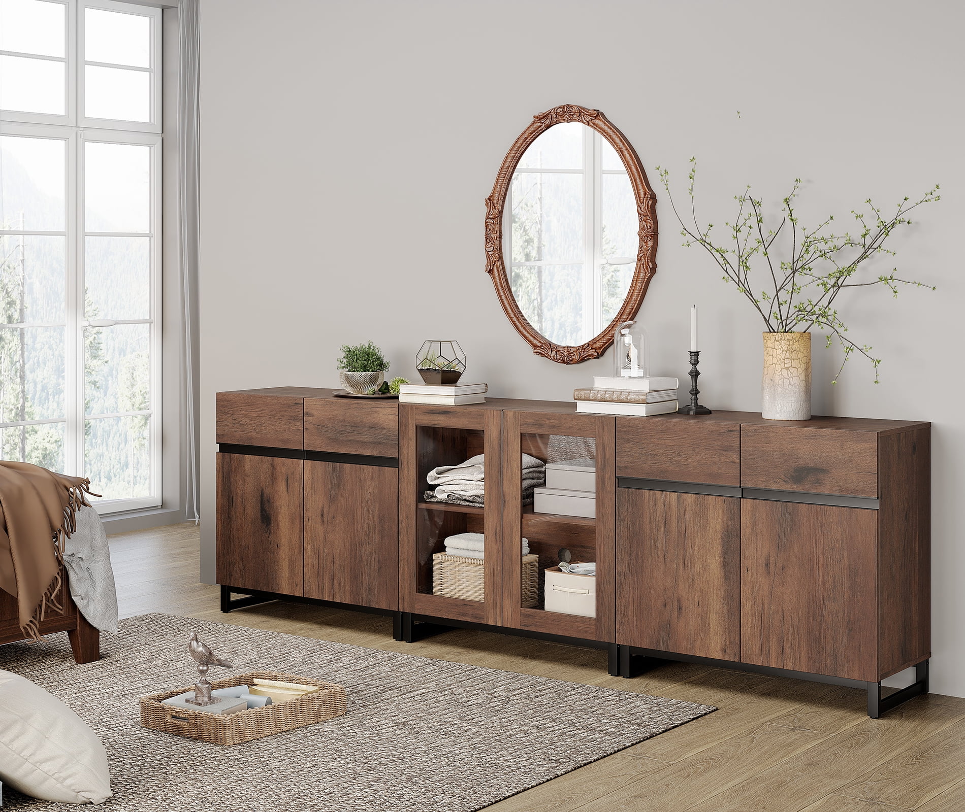 Modern 3-in-1 Storage Chest, Multifunctional Bedroom Dresser with Glass Doors & Adjustable Shelves, Versatile Home Closet Organizer Cabinet,Brown