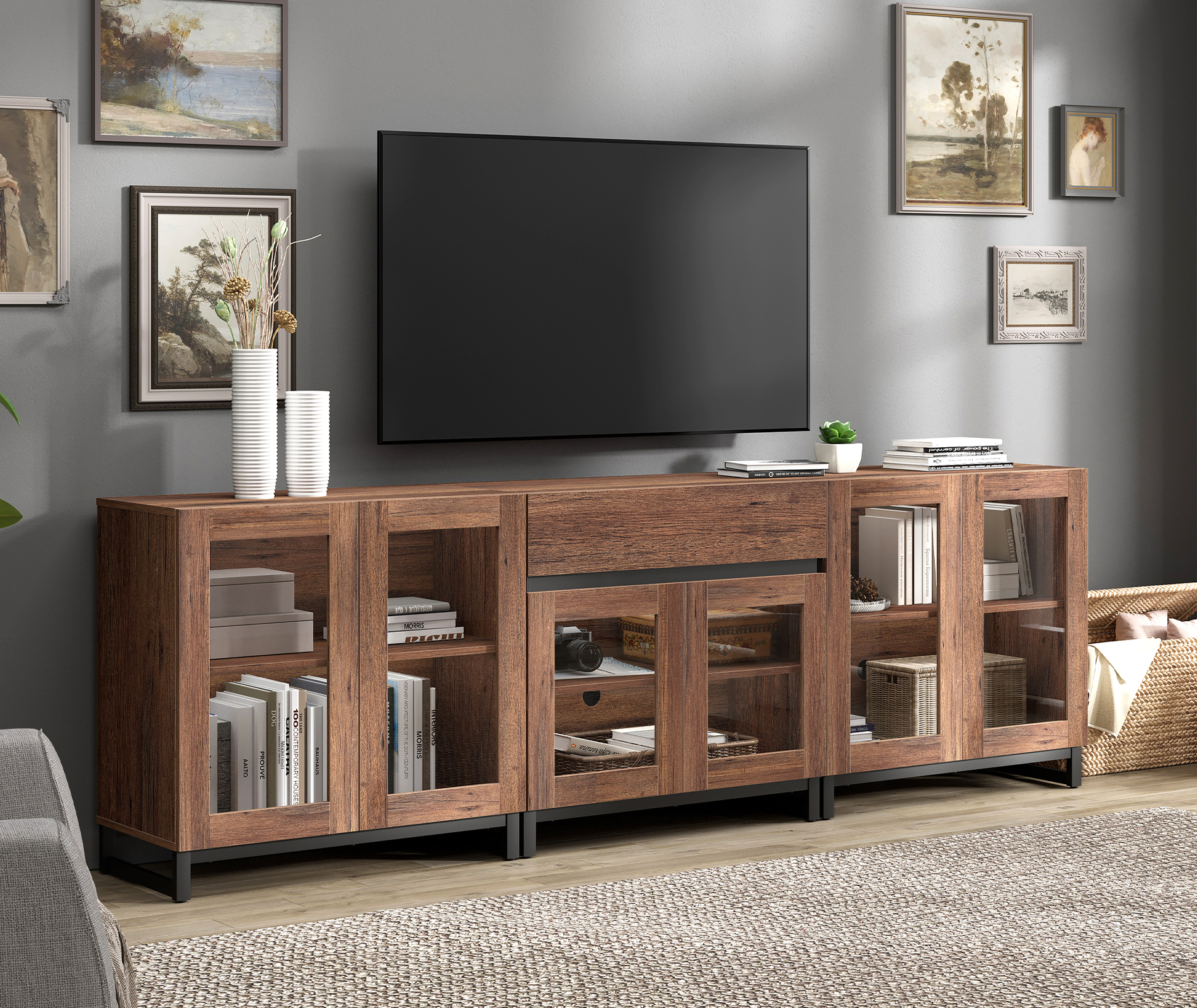 Modern 3-in-1 TV Stand, Entertainment Center with Glass Doors, 1 Drawer & Adjustable Shelf, Media Console for Living Room Bedroom, Fits TVs up to 100 Inch,Brown