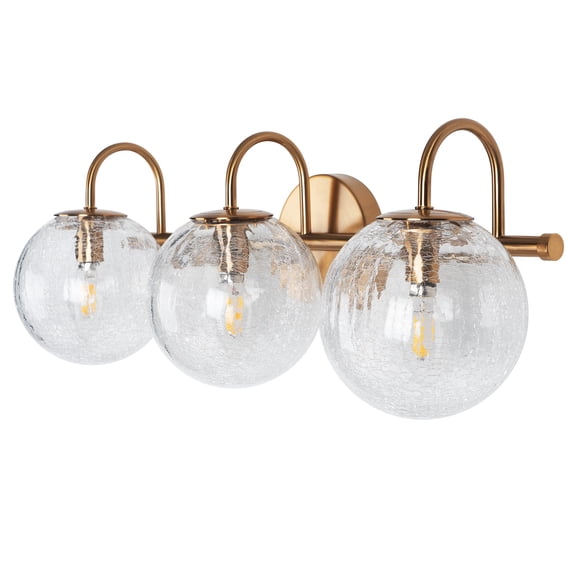 Modern 3-light Wall Sconce, 23 In., With Brass And Cracked Glass Globe Shade For Bedroom, Bathroom Lighting. Bulb Not Included