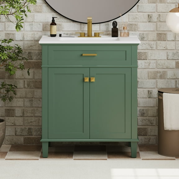 Modern 30" Bathroom vanity with ceramic basin, Adjustable shelves and soft close door, Green