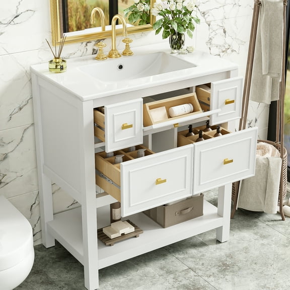 Modern 30'' Ceramic Sink Bathroom Vanity - Solid Wood Frame, 5 Drawers, White Finish With 30'',
