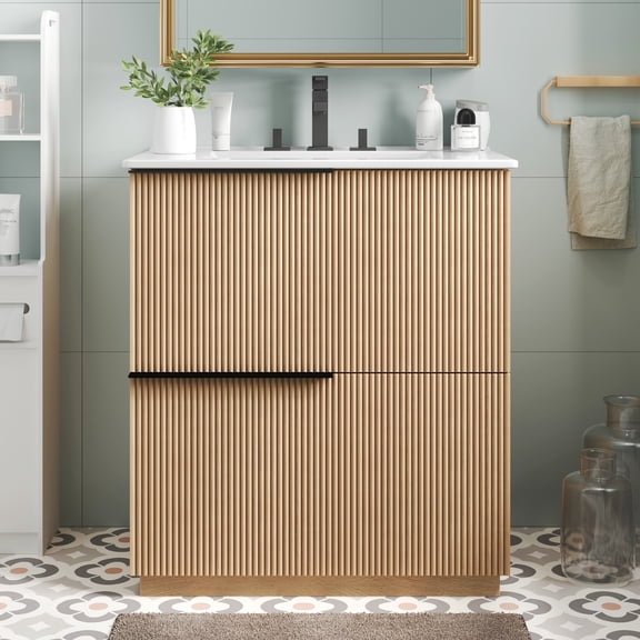 Modern 30"-Inch Bathroom Vanity Ceramic Countertop, Undermount Sink, Drawers & Soft-Close, Natural Finish Modern Look, Reliable Performance