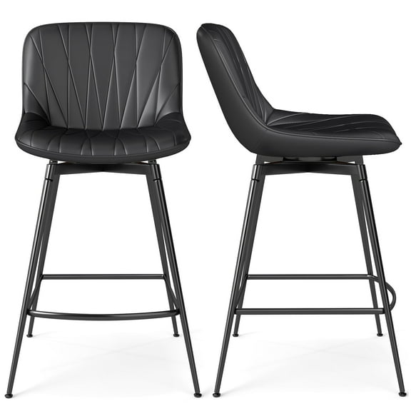 Modern 30" Swivel Bar Stools Set of 2 with Back & Footrest, Upholstered Counter Height Bar Chairs for Kitchen Island, PU Leather in Black