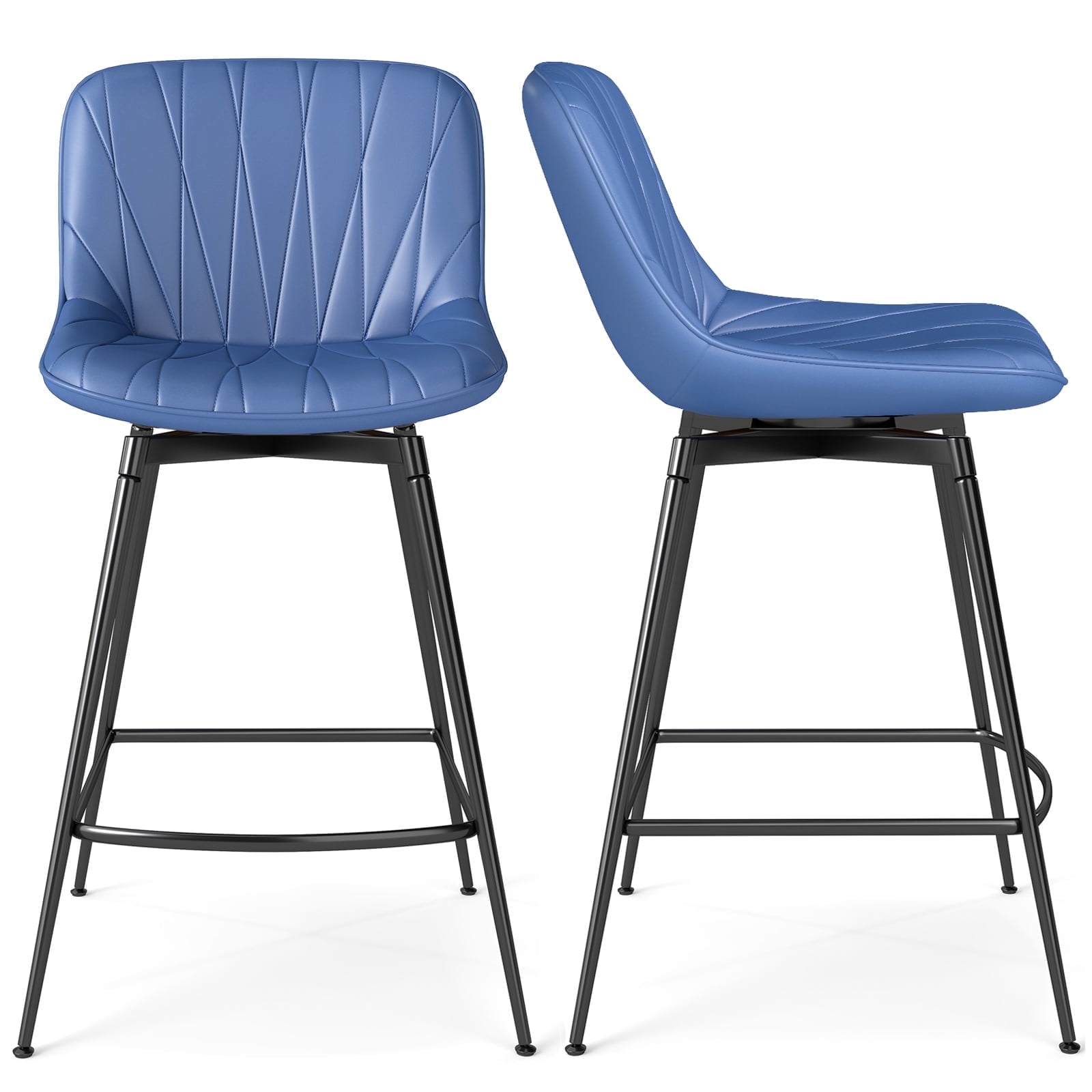 TAVR Modern 30" Swivel Bar Stools Set of 2 with Back & Footrest, Upholstered Counter Height Bar Chairs for Kitchen Island, PU Leather in Blue