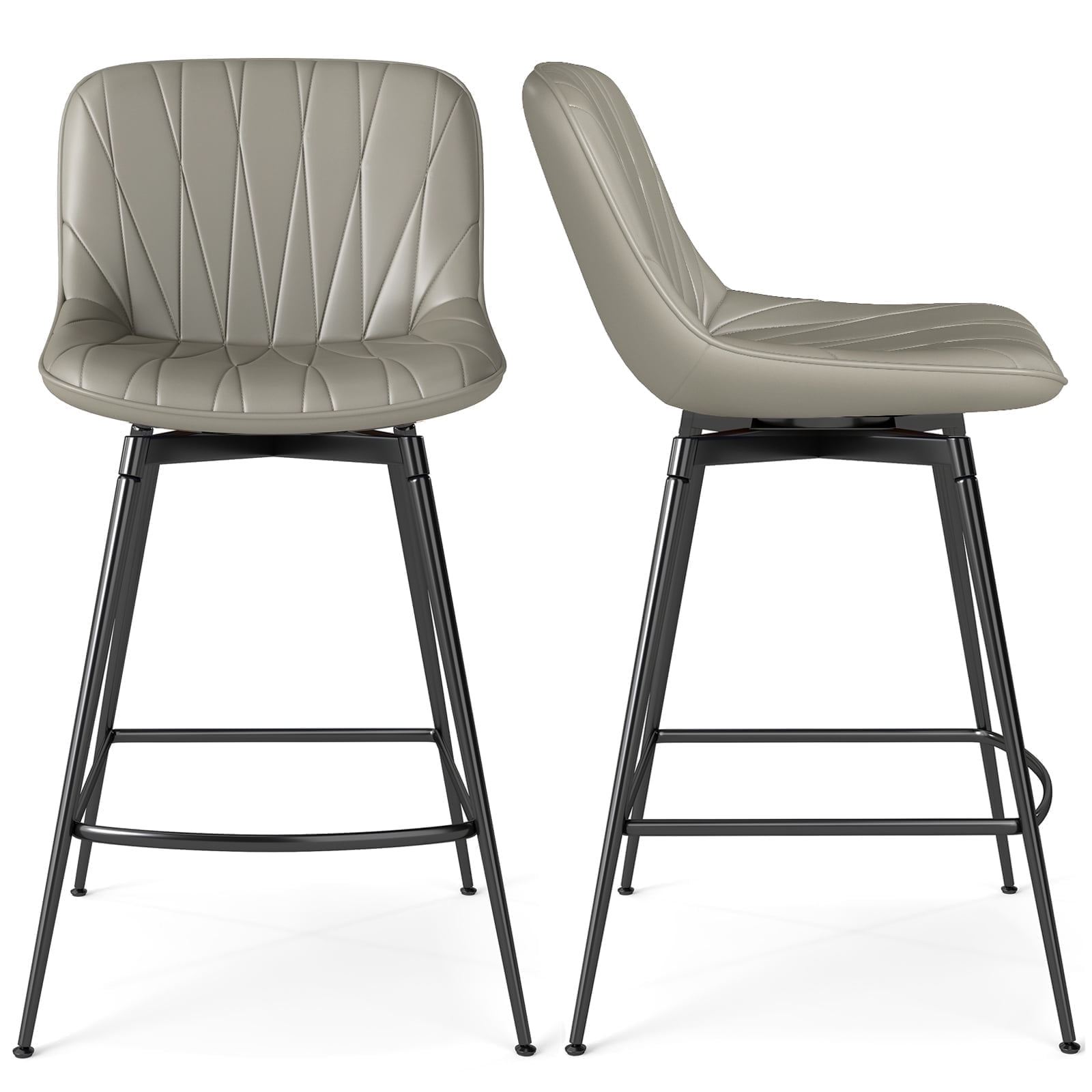 TAVR Modern 30" Swivel Bar Stools Set of 2 with Back & Footrest, Upholstered Counter Height Bar Chairs for Kitchen Island, PU Leather in Gray