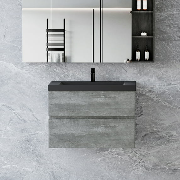 Modern 30" Wall-Mounted Bathroom Vanity in Grey with Black Quartz Sand Top Basin