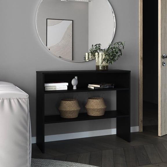 Modern 31.5" H Desk In Black. 2 Shelves And Legs. Engineered Wood. Ample Storage For Office Supplies. Compact Small Offices. Stylish Organized Work Desk. Easy To Assemble. Multi-functional Legs