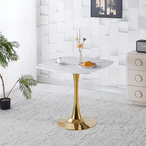 Modern 31.5 Inch Dining Table with White MDF Top and Gold Metal Legs for Small Spaces Easy Assembly and Stable Design