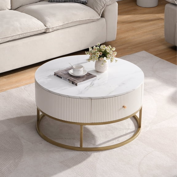 Modern 31.5 Inch Round Coffee Table with Storage Drawers | Suitable for Living Room Decor | Sturdy Metal Frame and Anti - slip Pads | Large Capacity Drawers on Both Sides