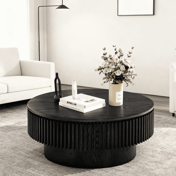 Modern 31.5" Round Fluted Drum Coffee Table with Storage, Solid Wood Veneer Accent Tea Table for Living Room, Apartment, or Office, Black