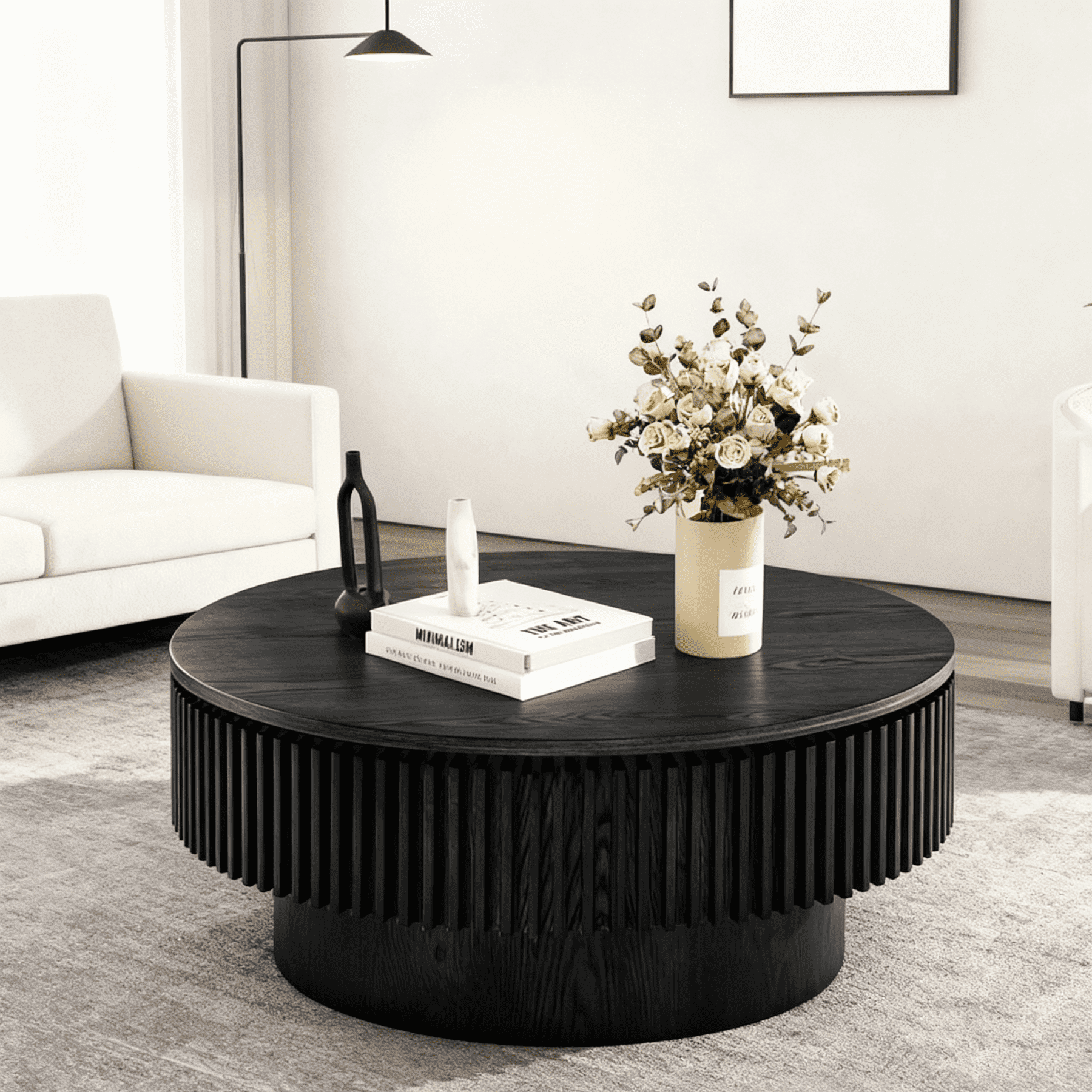 Modern 31.5" Round Fluted Drum Coffee Table with Storage, Solid Wood Veneer Accent Tea Table for Living Room, Apartment, or Office, Black