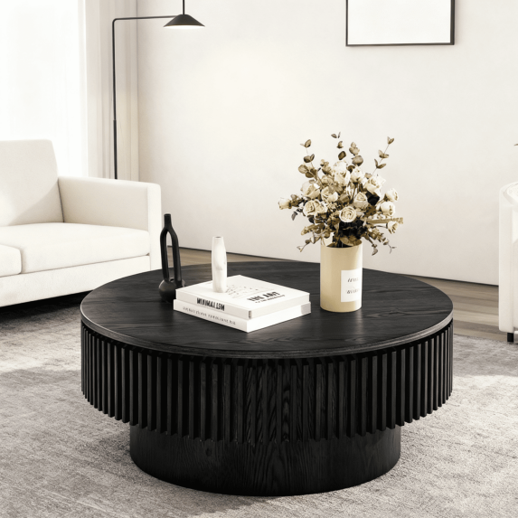 Modern 31.5" Round Fluted Drum Coffee Table with Storage, Solid Wood Veneer Accent Tea Table for Living Room, Apartment, or Office, Black