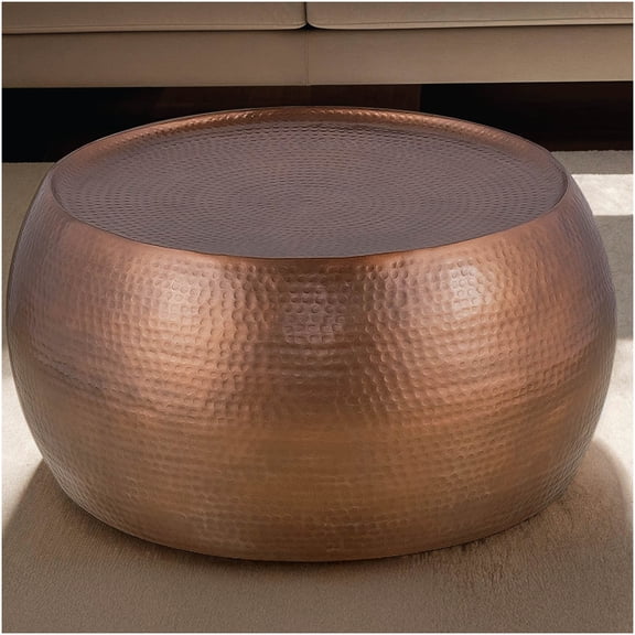 Modern 32" Round Coffee Table in Antique Copper, Hand-Hammered Aluminum Drum Table for Living Room, No Assembly Required