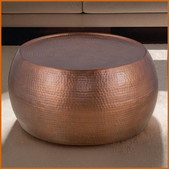 Modern 32" Round Hand-Hammered Aluminum Coffee Table - Antique Copper, No Assembly Needed