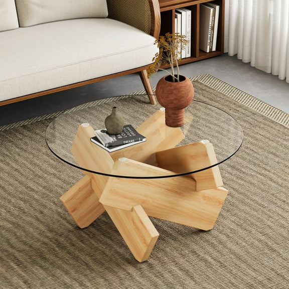 Modern 33.4-inch Tempered Glass Coffee Table With Wood Colored Leg Supports Top And Base