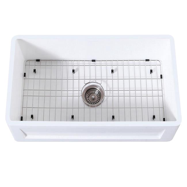 Modern 33 x 18 in. SGL Bowl Farmhouse Kitchen Sink, Drain & Rack - Matte White & Brushed