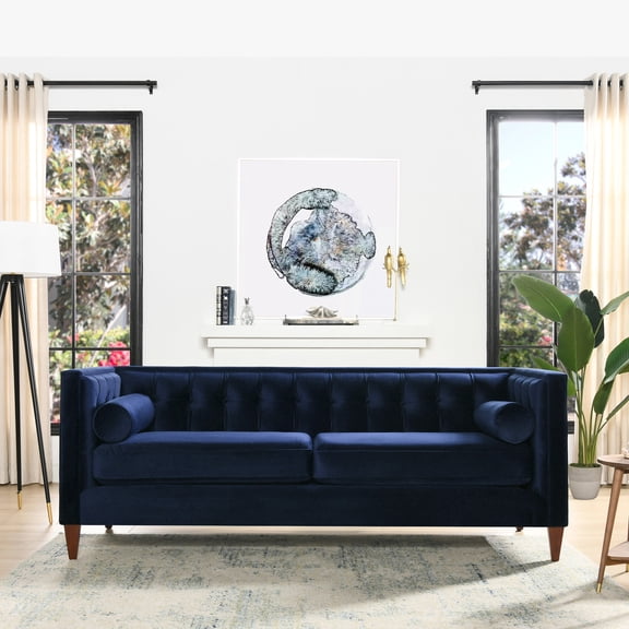 Modern 34" Wide Navy Blue Velvet With Back And Removable Pillows 84" Style Square Button Tufting Soft Cushions