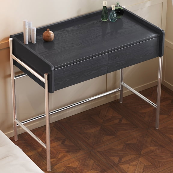Modern 35" Makeup Vanity Desk with 2 Drawers, Black Wooden Writing Desk with Storage, Compact Bedroom Dressing Table with Sturdy Metal Legs, Space-Saving