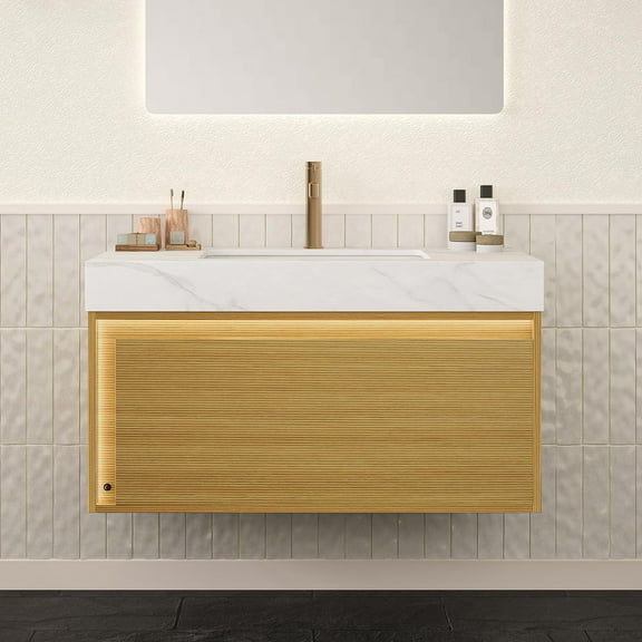 Modern 36" Bathroom Vanity with Sensor Light - Space Saving Floating Cabinet, Light Wood Grain