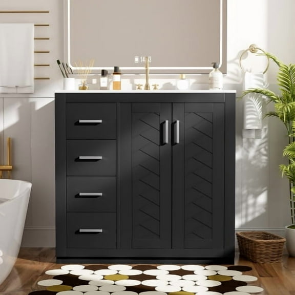 Modern 36 Inch Bathroom Vanity with Ceramic Sink Black Solid Wood Frame Soft Close Drawers Storage Cabinet Freestanding
