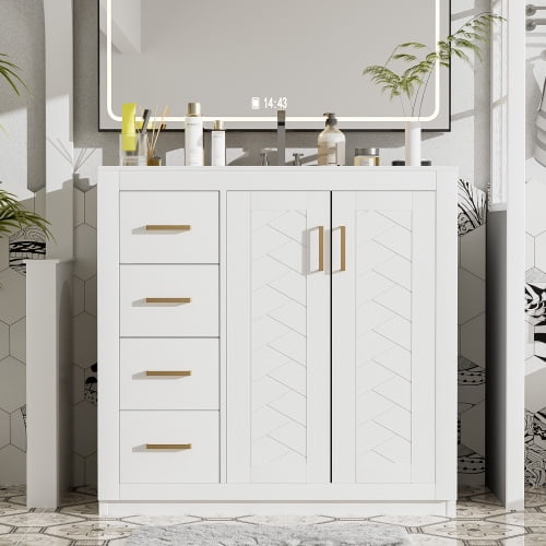Modern 36 Inch Bathroom Vanity with Ceramic Sink White Solid Wood Frame Soft Close Drawers Storage Cabinet Freestanding